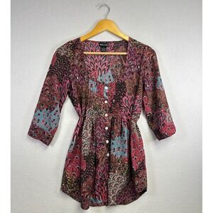 Wet Seal Paisley Print Button Front Smocked Waist 3/4 Sleeve Tunic Top Size S